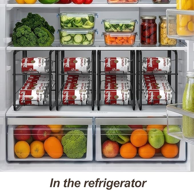 4 Pack Soda Can Organizer, Stackable Metal Can Dispenser for Pantry, Automatic Rolling Canned Food Organizer for Cabinet and Countertop, Black.