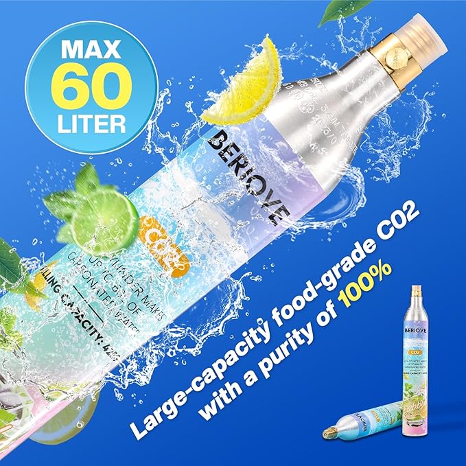 CO2 Cylinder for Soda Maker - 60L Durable CO2 Cartridges for Screw-In Soda Makers Compatible, Exchange Carbonator & Sparkling Water - Carbonates Any Drink with Threaded Cylinders (2PCS)