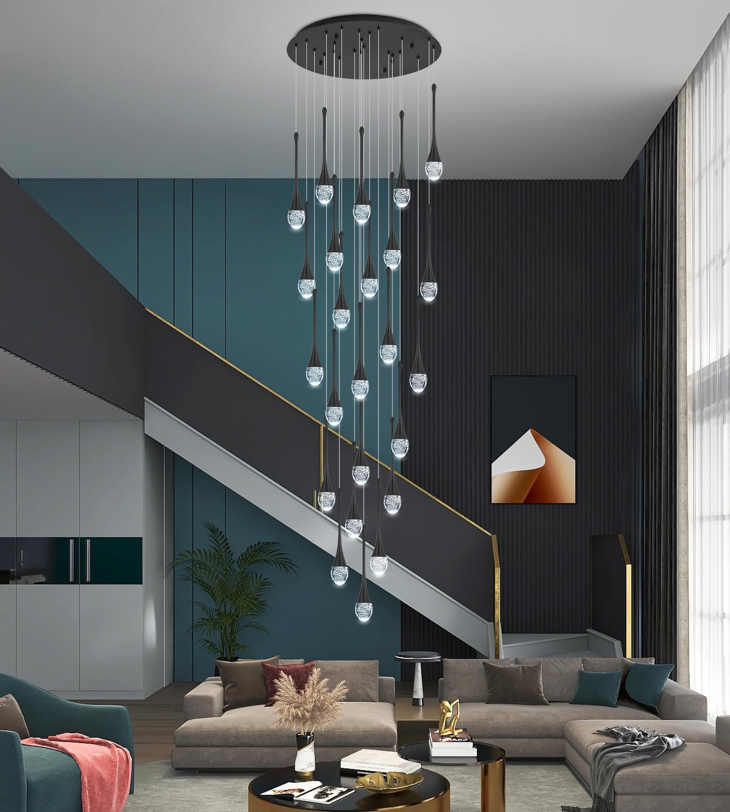 Upfelw Modern Crystal Staircase Chandelier Polished Black 24-Lights  H138 Large High Ceiling Spiral Dimmable Led Raindrop Foyer Entryway Light Fixture Remote Control