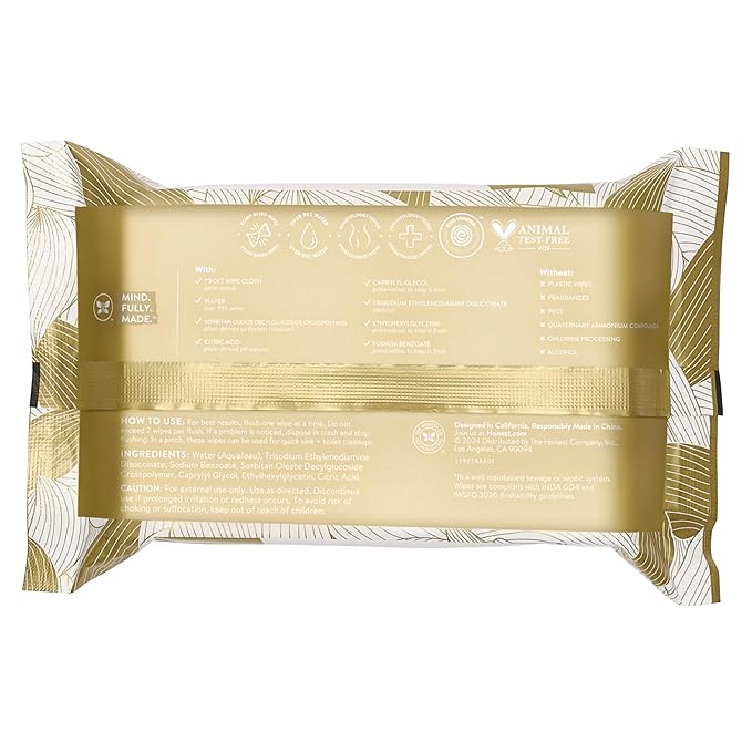 The Honest Company Flushable Wipes for Sensitive Skin, Fragrance-Free Hypoallergenic pH-Balanced Feminine Wipes, 99% Water Safe-to-Flush Wipes, Gilded Wings, 126 Count
