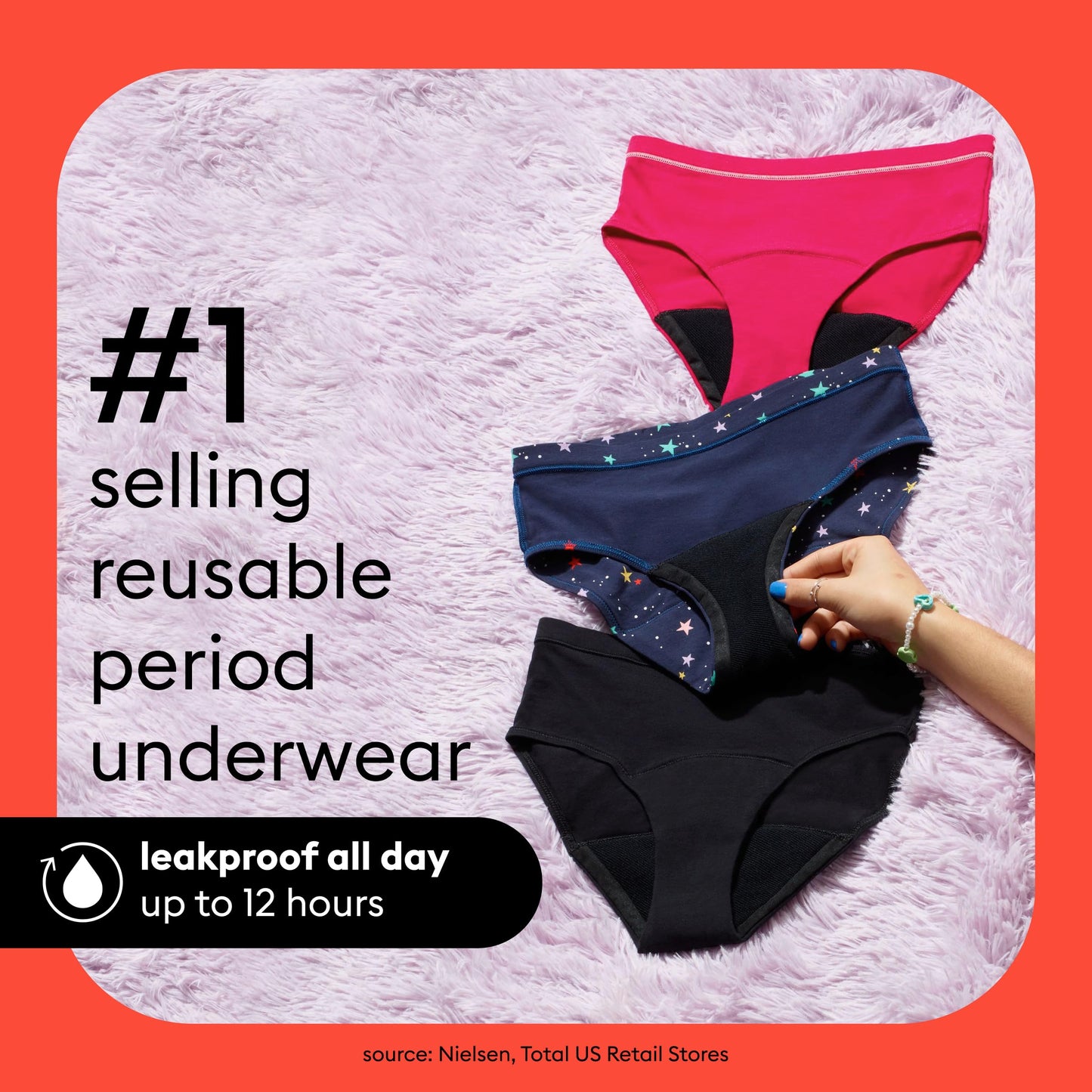 Thinx Teens Period Underwear, Brief-Style Period Panties for Teens, Holds Up to Regular 12 Tampons*, Period Panties, Reusable, 3-Pack - (2) Black + (1) Lucky Stars, Size 9/10