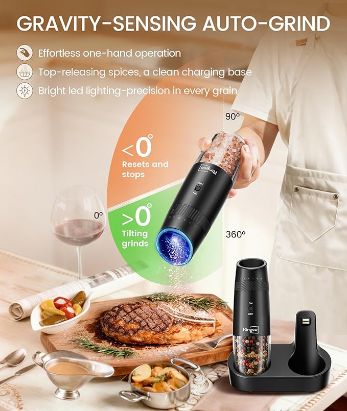 Ringco Gravity Electric Salt and Pepper Grinder Set with Charging Base, Automatic Gravity Salt and Pepper Mill with Adjustable Coarseness, LED Light, 135ml Large Capacity, Christmas Gift