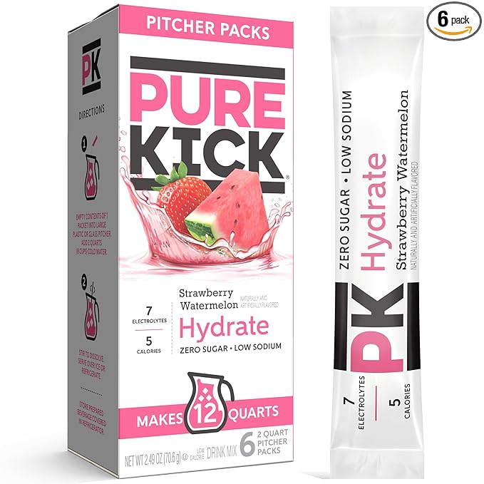 Pure Kick Hydration Pitcher Pack, Strawberry Watermelon, Includes 6 Packets, 1 Box, Makes 12 Quarts Total