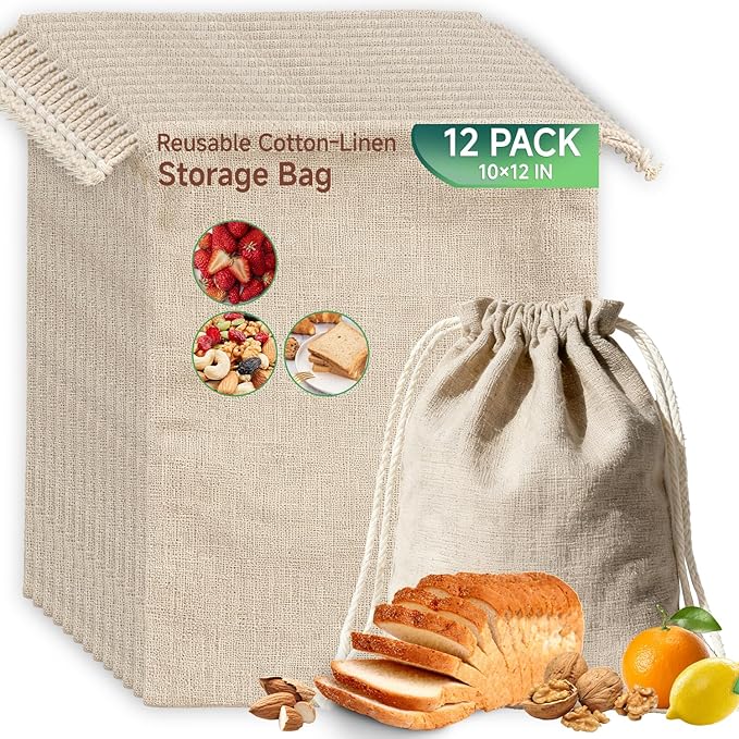Simple&Opulence 12-Pack 10” x 12” Linen Cotton Drawstring Bags Reusable Grocery Sacks, DIY Craft Sachet Sacks Storage Cloth Bags for Party Wedding Home Bulk Produce Bags, Washable, Natual Linen