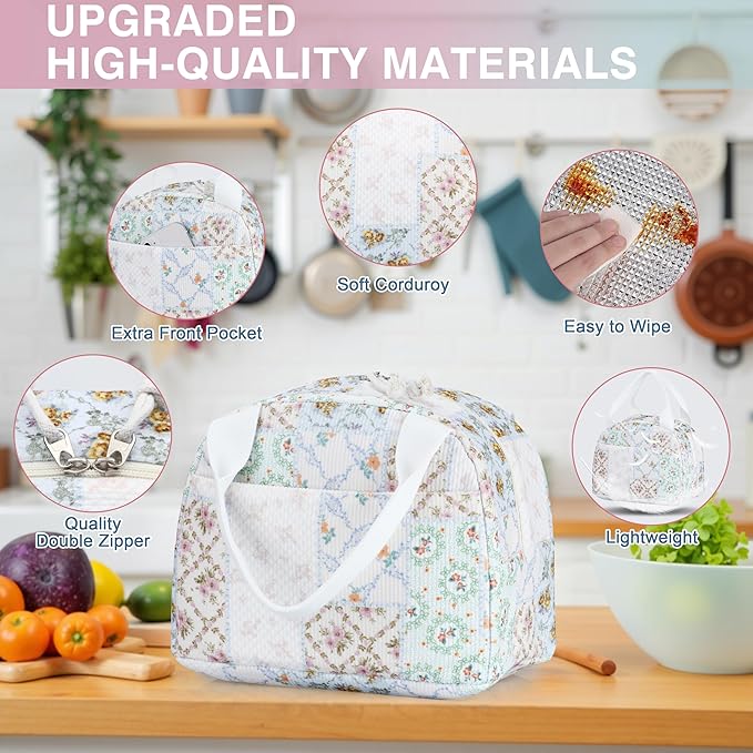Lunch Bag - Insulated Lunch Box for Women, Reusable Large Capacity Cooler Bag for Adult, Small Leakproof Cute Corduroy Lunch Tote for Work Office Travel Picnic (Bee Floral)