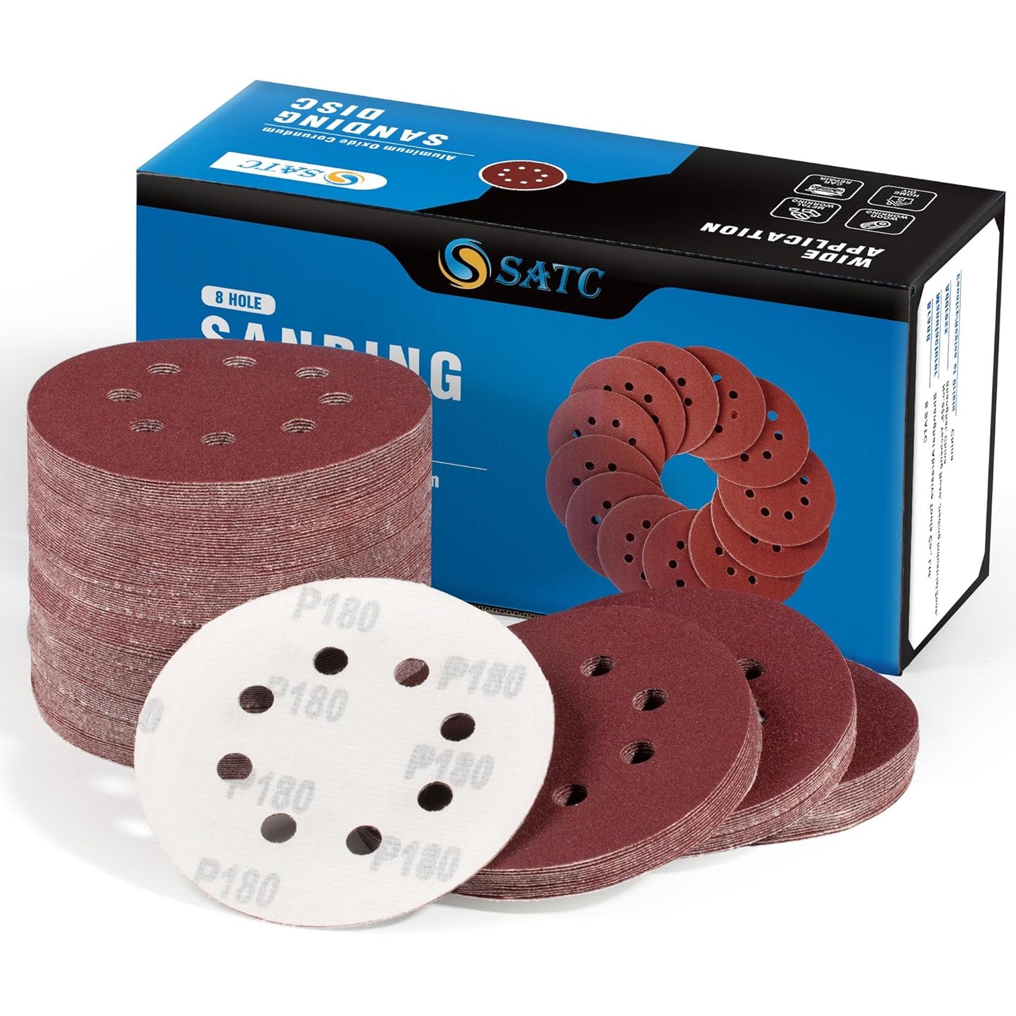 S SATC 150 PCS Hook and Loop Sandpaper 5 Inch Sanding Disc 8 Hole Sanding Discs 180 Grit Premium Aluminum Oxide for Random Orbital Sander