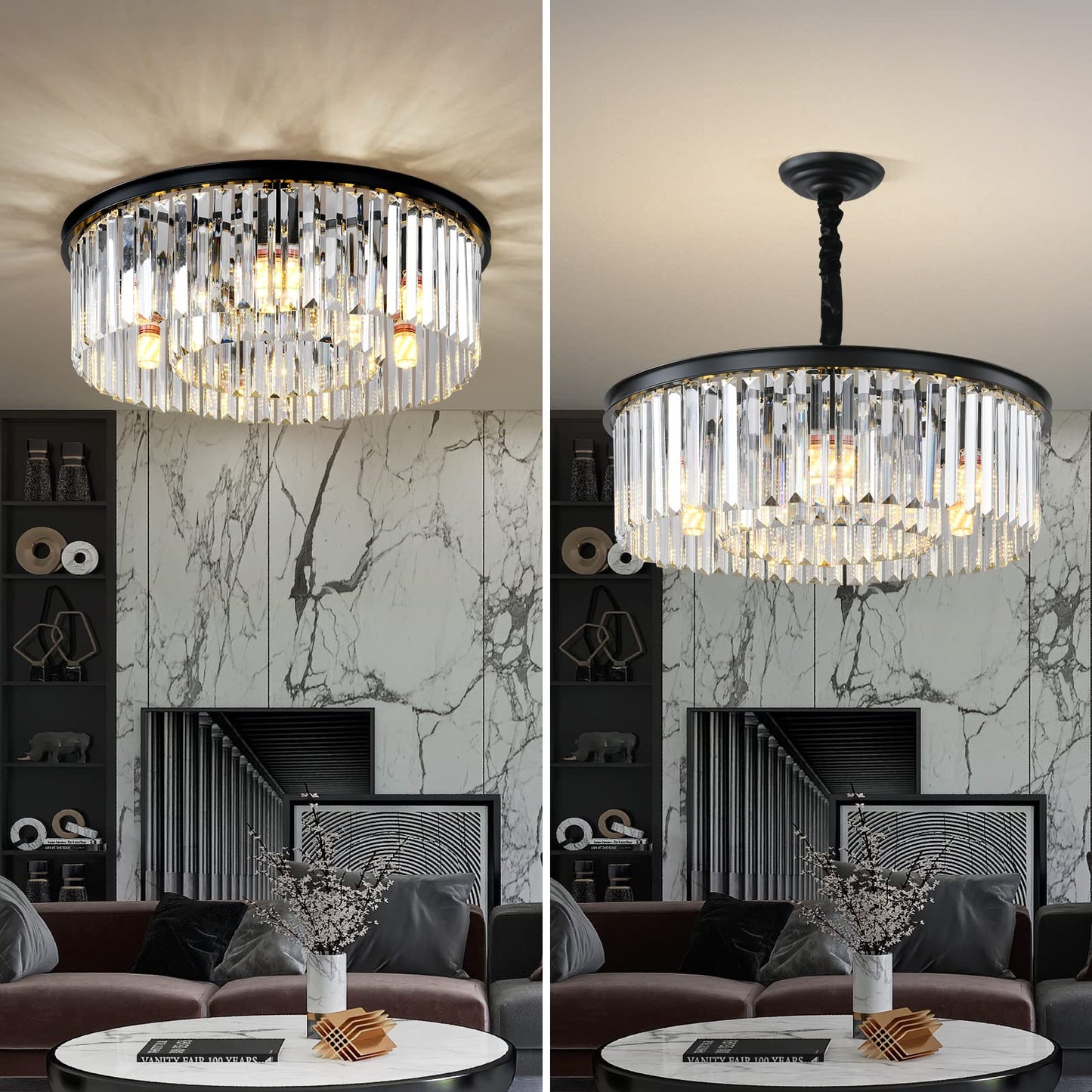Laiuetai Black Modern Crystal Chandelier  2-Tier Round Flush Mount Ceiling Light Fixtures Height Adjustable Pendant Lighting For Dining Room Living Room Bedroom Kitchen Hotel Foyer