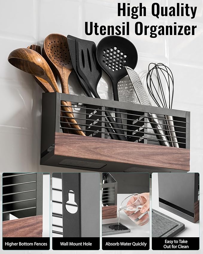 Utensil Holder for Kitchen Counter, Cooking Utensil Holder with Stone Drying Mat for Storage Spatula, Ladle, Scoop in Farmhouse Countertop with Wooden Pattern Printed, Matte Grey