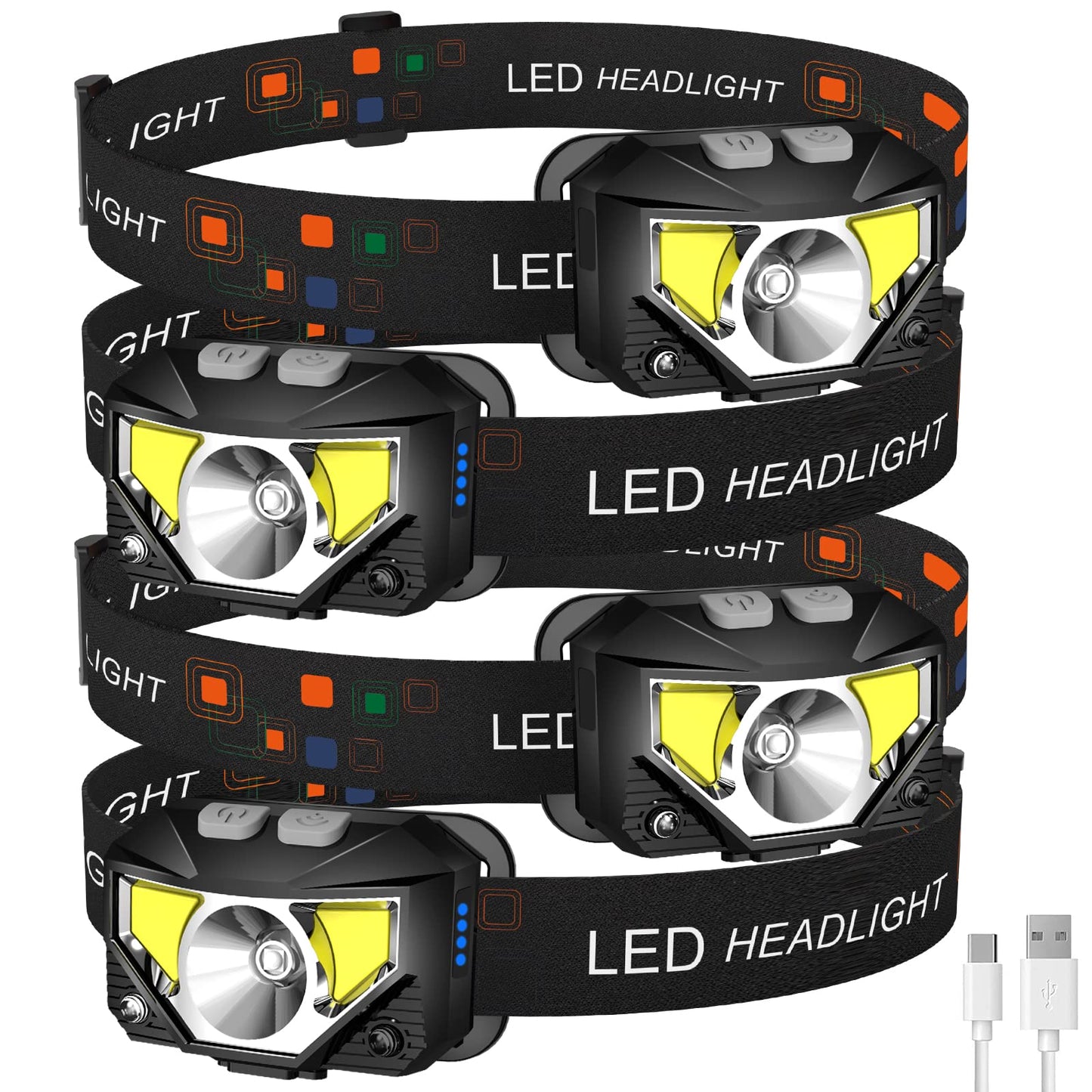 LHKNL Headlamp Flashlight, 1200 Lumen, 4-Pack, Waterproof, Motion Sensor, Rechargeable, Black Grey, Model TG-T069