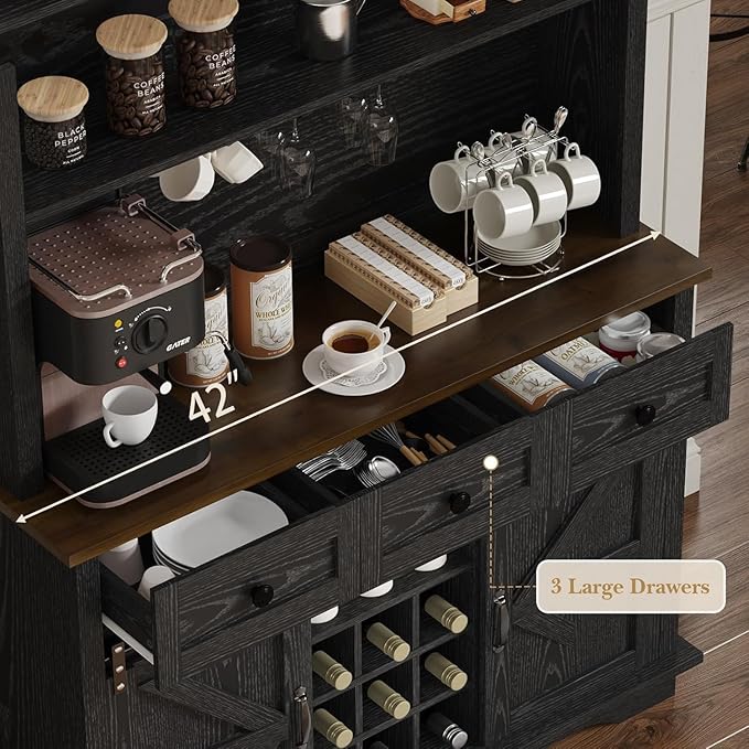 63 Inch Tall Coffee Bar Cabinet with 3-Tier, Kitchen Hutch with 3 Large Drawers, Farmhouse Coffee Bar with 9 Wine Racks & 3 Glass Holders, Wine Storage Cabinet for Living Dining Room, Black