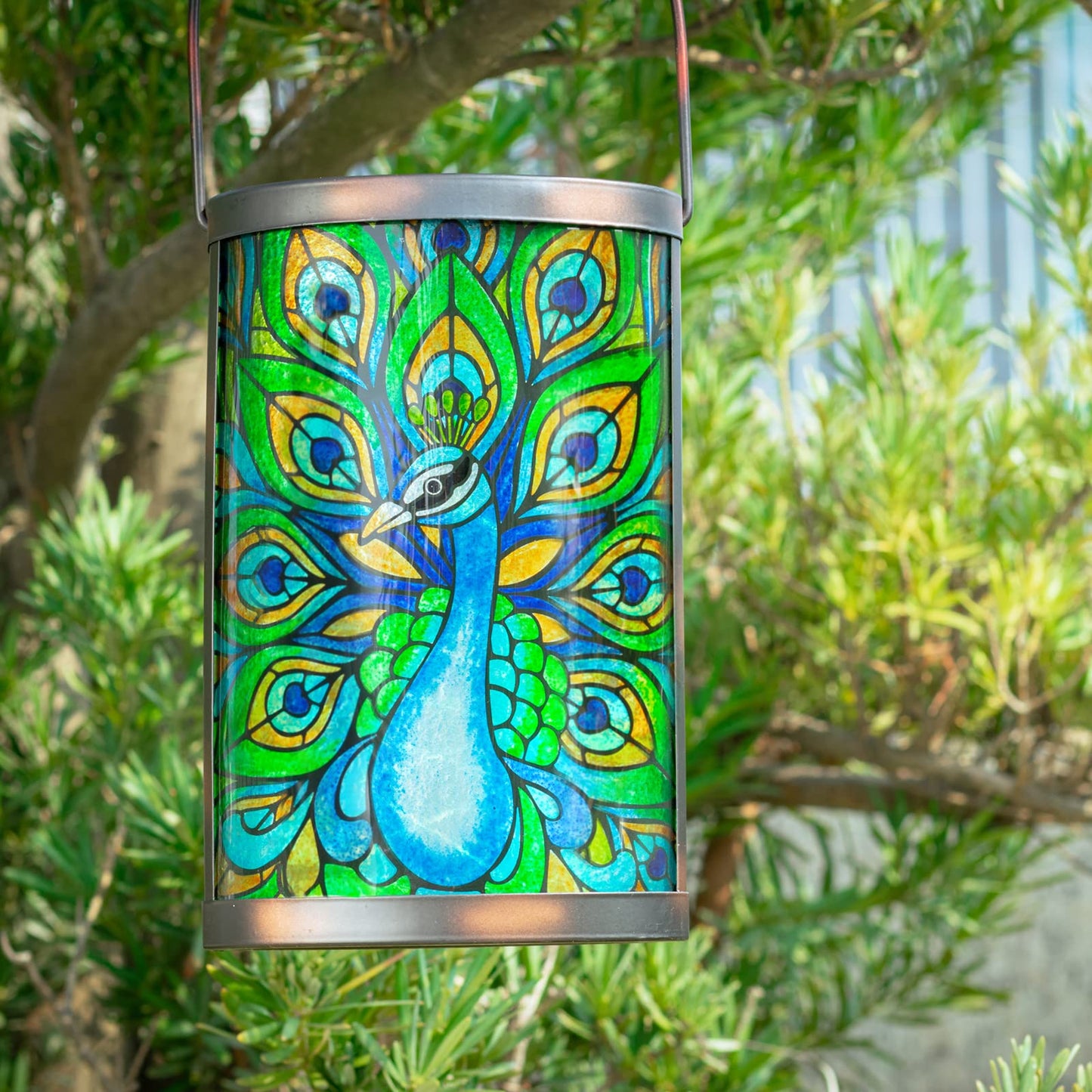 MUMTOP Hanging Solar Lantern, Peacock Model, Waterproof LED, Dark Green, Decorative Tabletop Lamp for Outdoor Patio Garden Decor