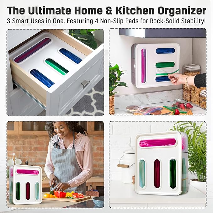 HIMUS Food Storage Bag Organizer - 4 in 1 Plastic Baggie Organizer for Drawer | Compatible with Sandwich, Snack, Gallon, Quart & Slider | Plastic Bag Organizers Kitchen Storage| Wall & Drawer Mount