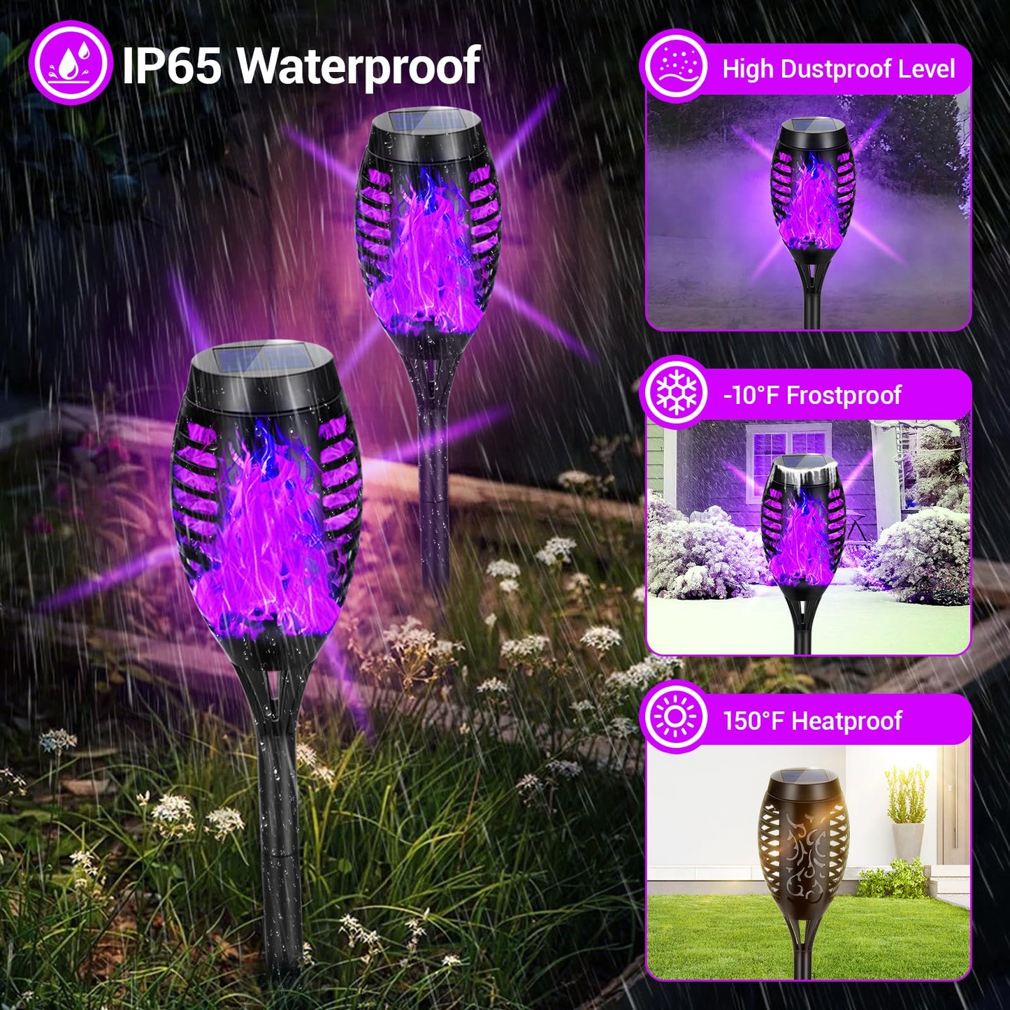 AOUNQ Solar Torch Lights Outdoor, 10 Pack Purple Flickering Flame, Waterproof Tiki Torches for Garden Decor, Model AO-USA 03-10P