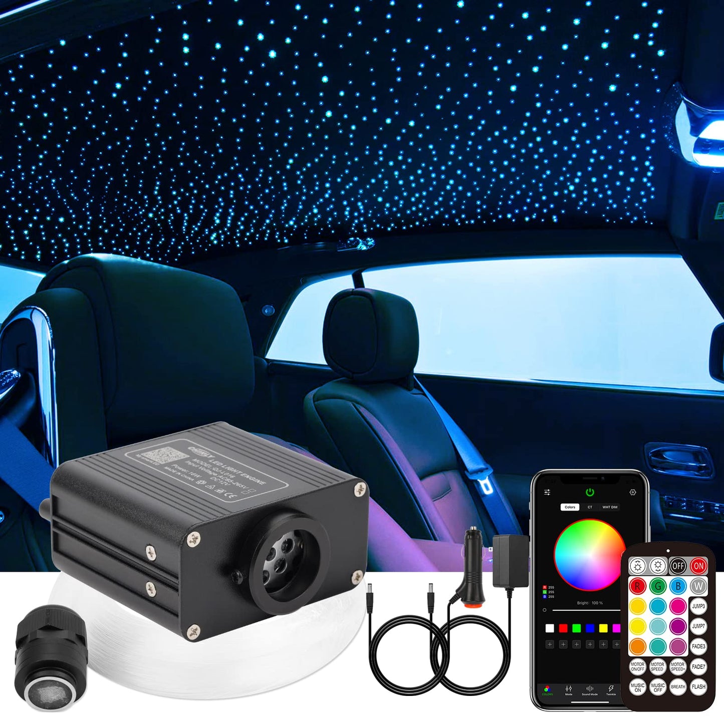 Chinly Fiber Optic Starlight Headliner Lights Kit, 150Pcs, 6.5Ft, Rgbw, Bluetooth App Control, Music Mode, White, Model Qj-L016