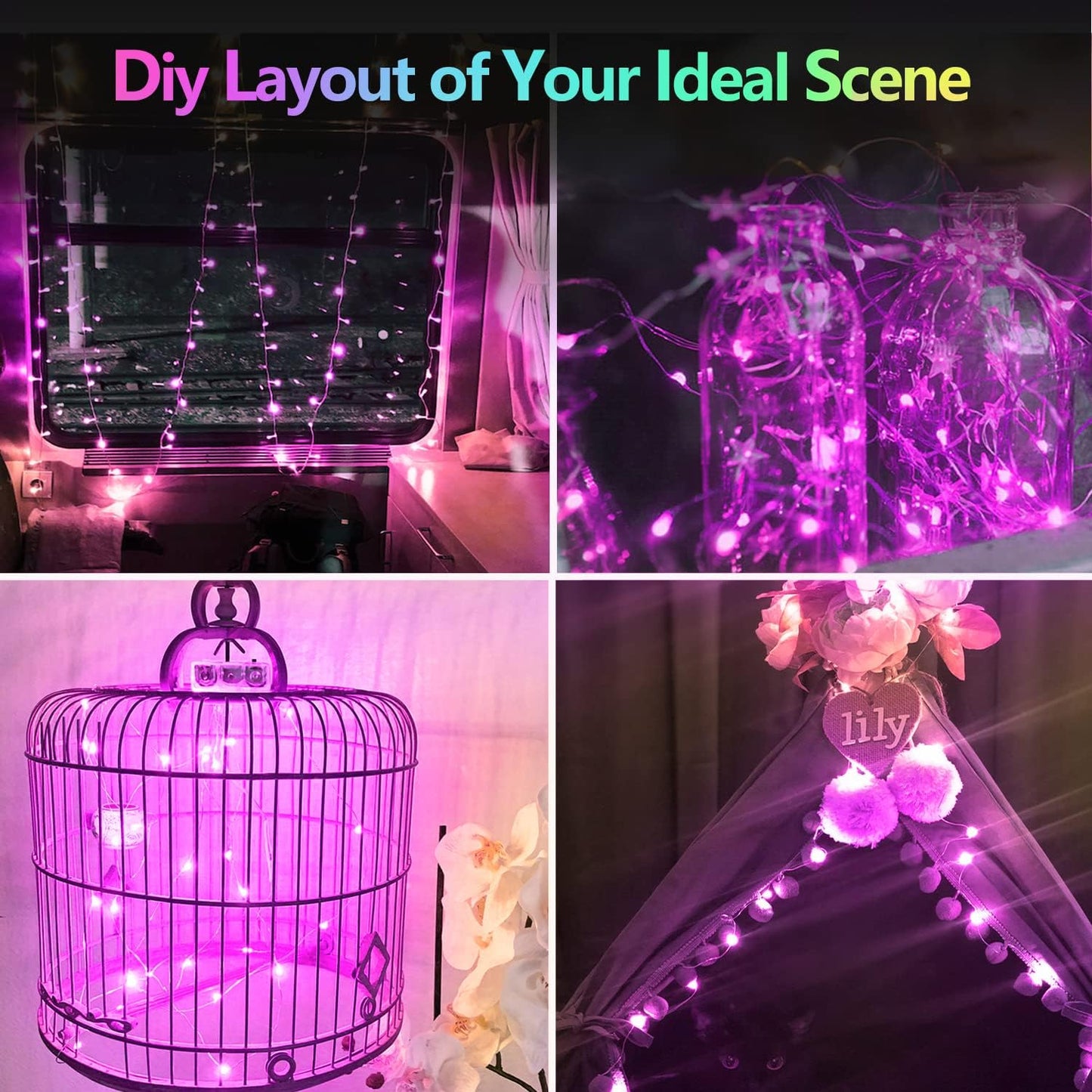 BOSSERN 2 Pack 100LED Fairy Lights, Battery Operated, Remote, 8 Modes, Waterproof, Purple, DCHD-2PK-100LED-PURPLE-RC