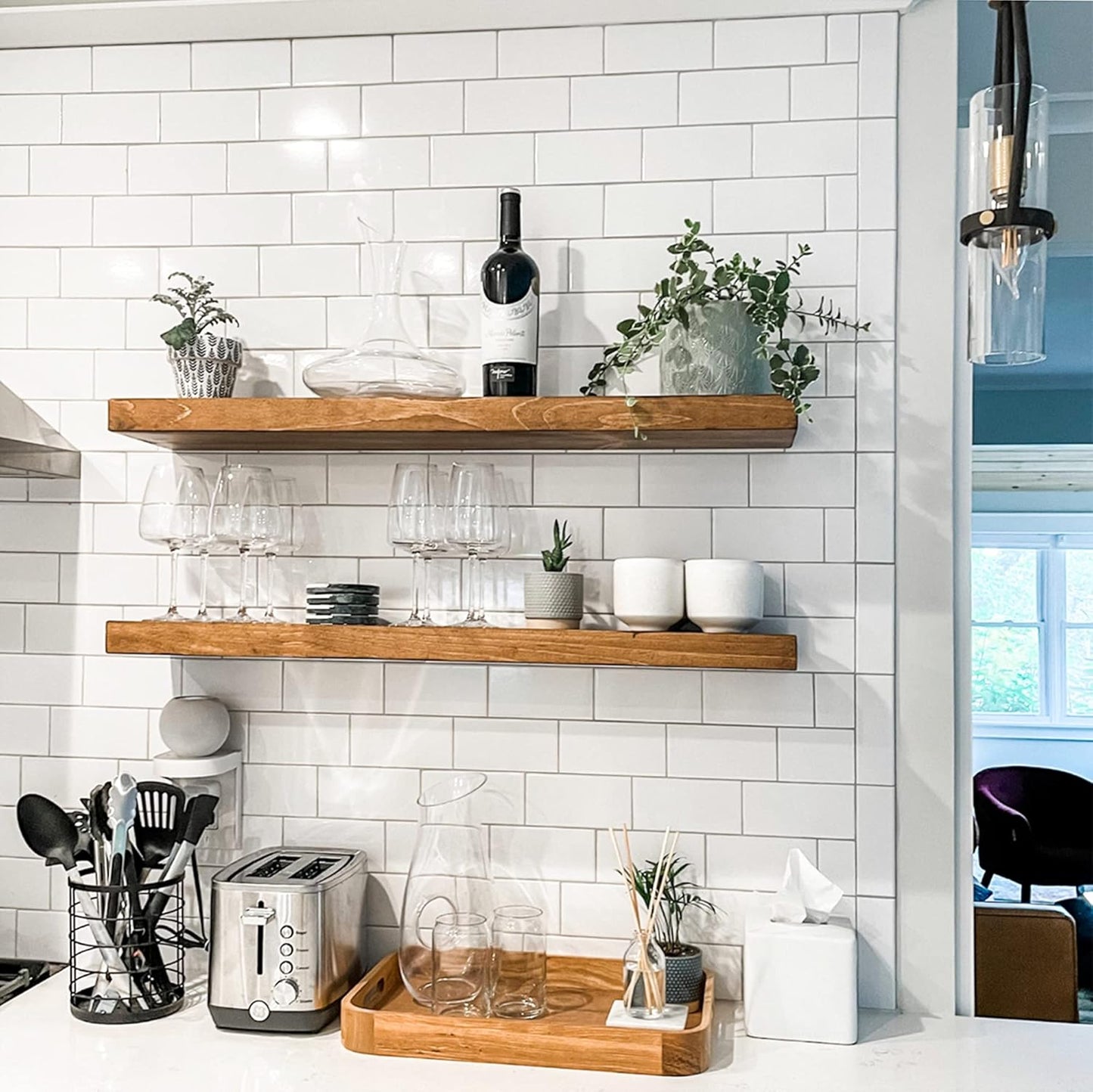 URBANDI, Rustic Floating Shelves, Set of 2, Hidden Bracket, Solid Wood, Heavy Duty, Wall Mounted Shelves, (Brown, 12Wx12D)