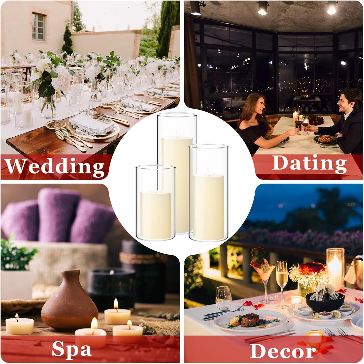 Shihanee 36 Pcs Pillar Candles and Glass Cylinder Vases Tall Cylinder Holders for Pillar Candles Wedding Centerpieces, Total 18 Sets(2.6'' X 4.7'', 5.9'', 7.9'',Clear,Ivory White)