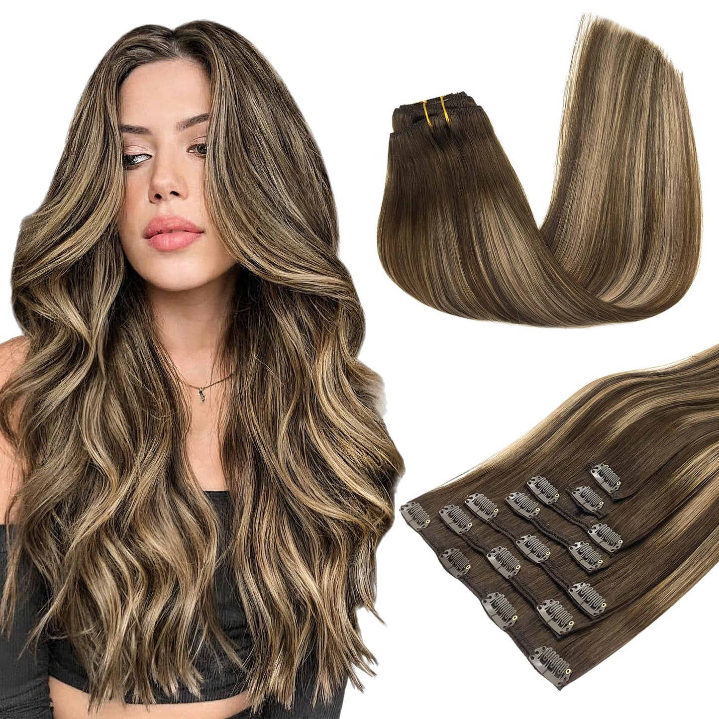 MAXITA Hair Extensions Clip in Human Hair, 7pcs 120g 20 Inch, Balayage Chocolate Brown to Caramel Blonde Real Hair Extensions Cl