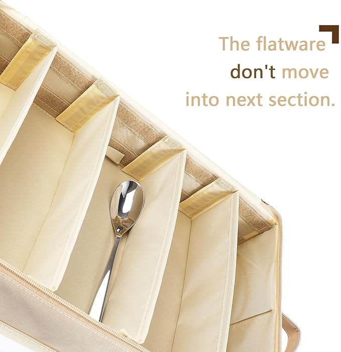 Flatware Utensil Storage Case, Beige Silverware Storage Box Chest with Adjustable Dividers, Removable Cutlery Storage Holder with Zipper Lid for Organizing Spoon/Flatware/Knives