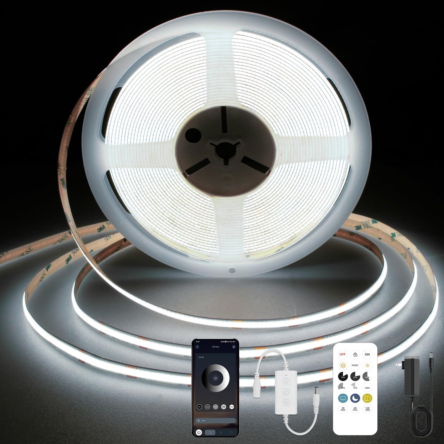 Auziwe Cob Led Strip Light 6000K  24Ft Dimmable White Led Strip Light  Cri92+  Dc24V Tape Light With Rf Remote  Timer Function  Bluetooth App Control For Home Bedroom Kitchen Diy Lighting.