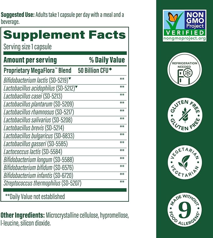 MegaFood MegaFlora Probiotic Plus - Probiotics for Women Digestive Health- Probiotics for Men - 50 Billion CFUs & 14 Strains - Immune Support Supplement - Vegetarian - 60 Capsules, 60 Servings