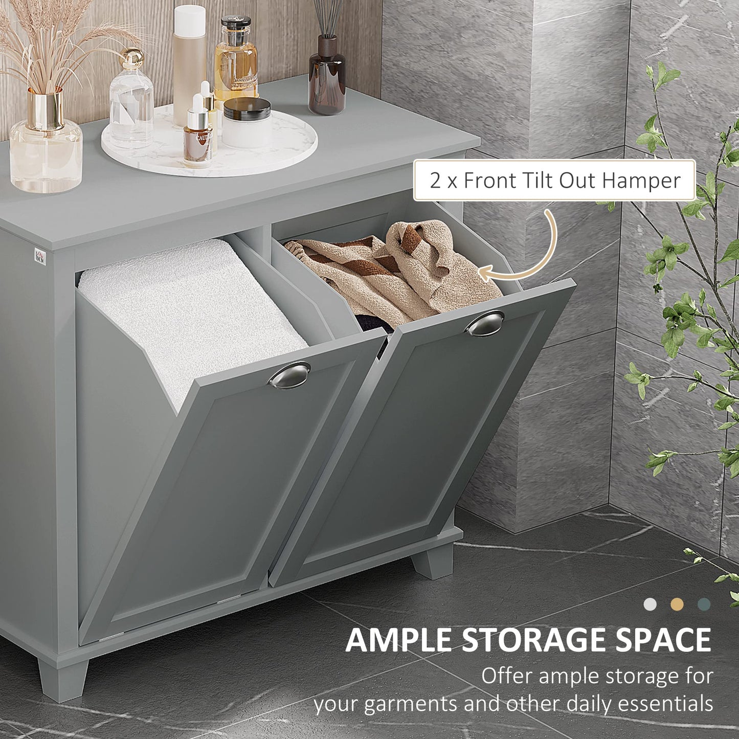 Tilt Out Laundry Sorter Cabinet, Bathroom Storage Organizer with Two Compartment Tilt Out Hamper, Gray