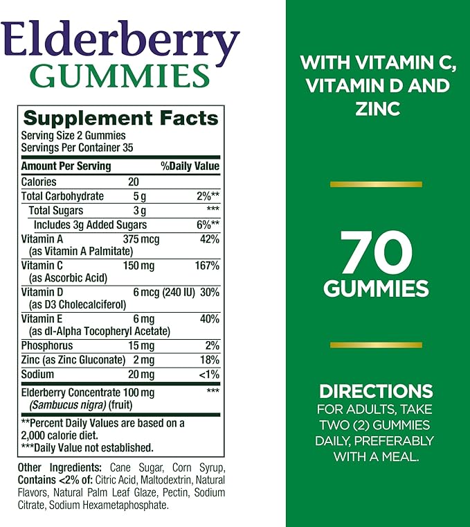 Nature's Bounty Elderberry Gummies, Dietary Supplement, Supports Immune Health, Contains Vitamin A, C, D, E and Zinc, 100 mg, 70 Gummies