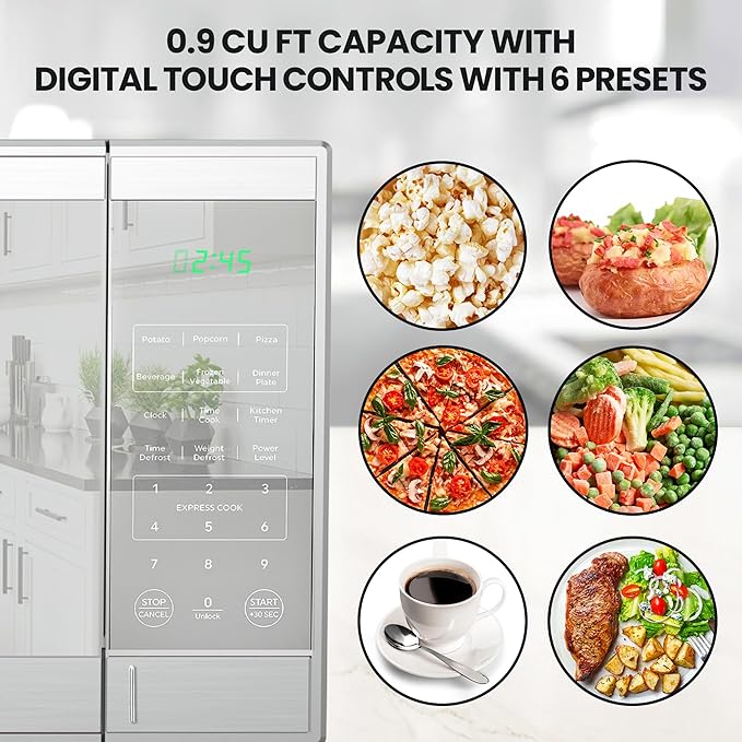 Total Chef 0.9 Cu Ft Microwave Oven – Compact Countertop Microwave, Small Stainless Steel Kitchen Appliance with Digital Touch, Pre-Set Functions, 10.6” Turntable, 900 Watt, Microondas Pequeños