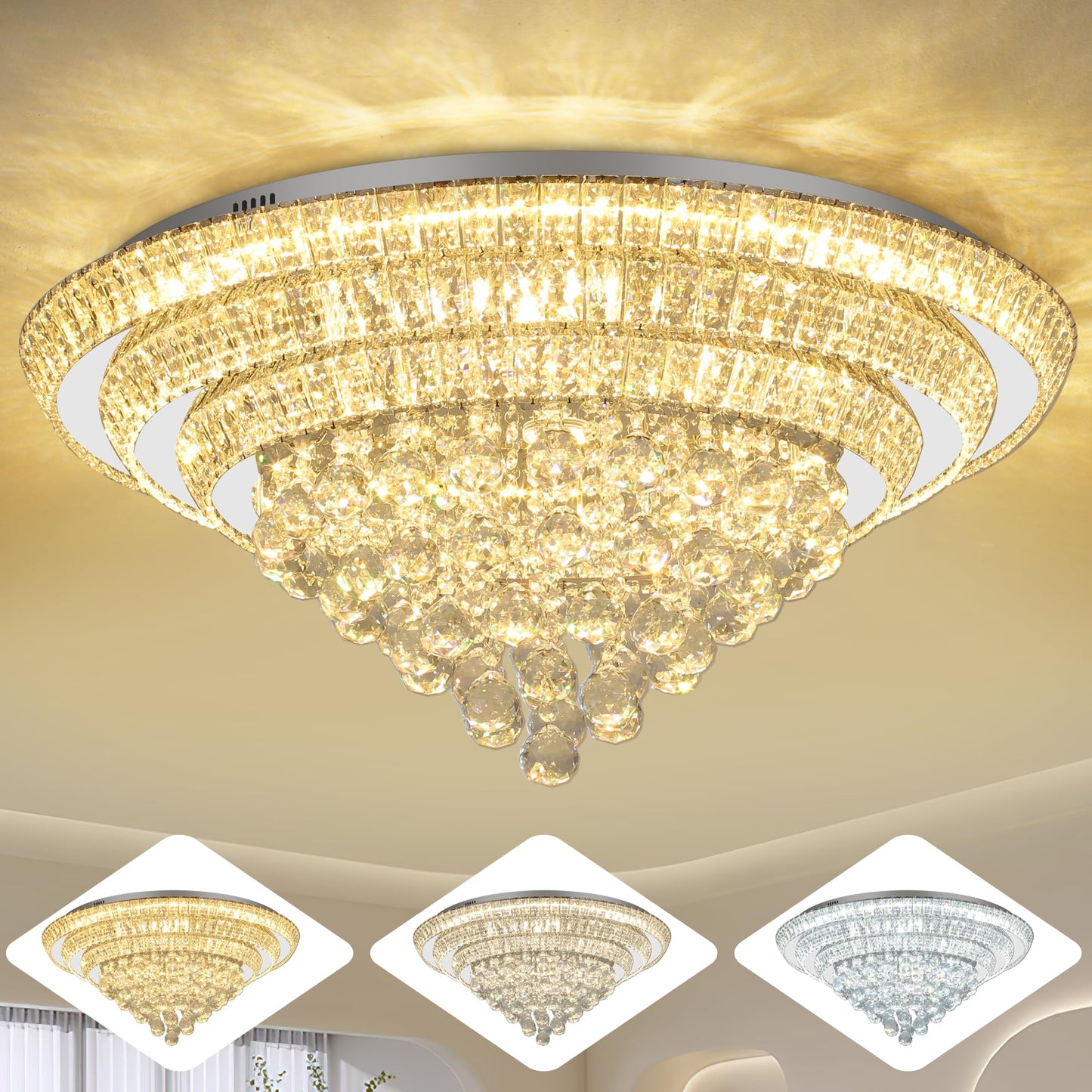 Miuyhji LED Crystal Raindrop Ceiling Light, 30in Dimmable Flush Mount Chandelier, Silver, SUS304/K9 Crystal, Remote Control