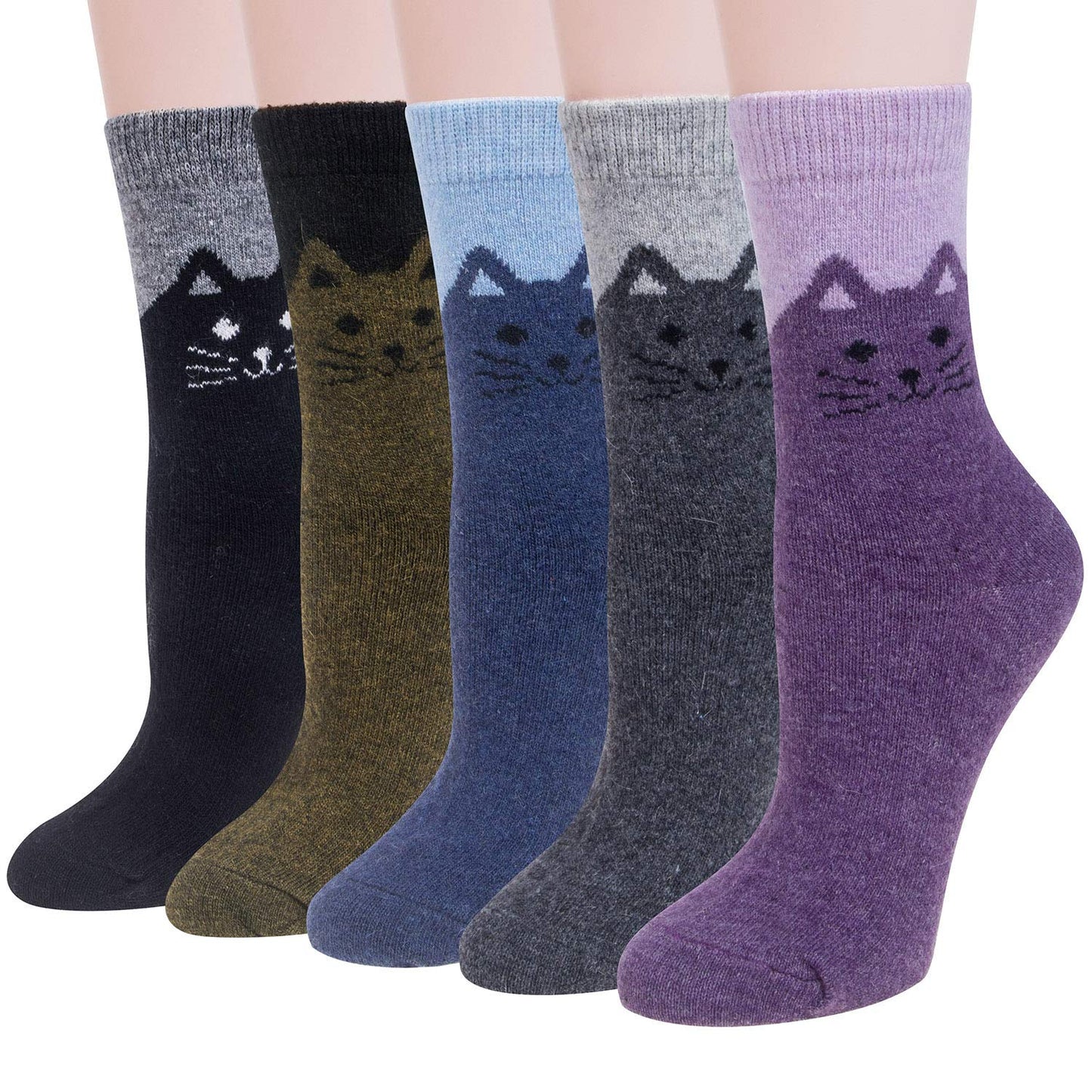 Justay 5 Pairs Womens Wool Socks - Thick, Warm, Winter, Cozy Vintage Knit Cat Crew Socks - Gifts for Women