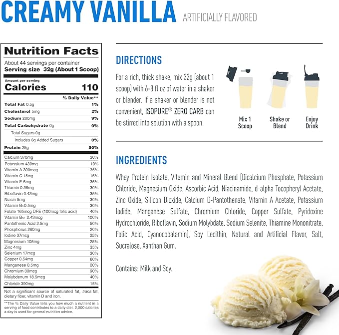 Isopure Zero Carb 100% Pure Whey Isolate Protein Powder, Lactose Free, Gluten Free, With Vitamins, Creamy Vanilla, 25g Protein Per Serving, 3 Lbs, 44 Servings (Packaging May Vary)