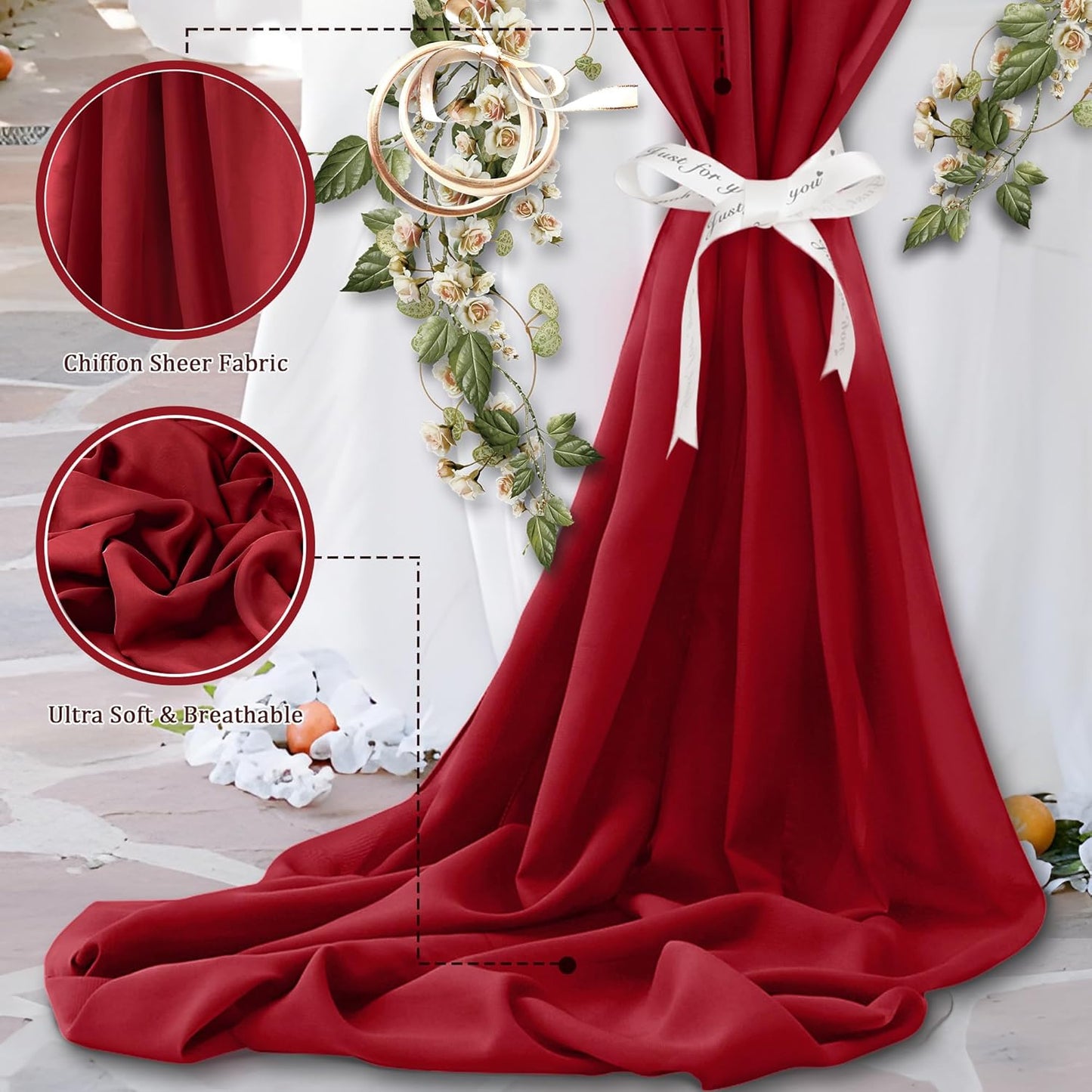 Horbaunal Burgundy Chiffon Fabric by The Yard, 1 Yard Continuous Sheer Fabric 59" Wide Soft Draping Fabric for Wedding Arch Draping Party Backdrop DIY Sewing