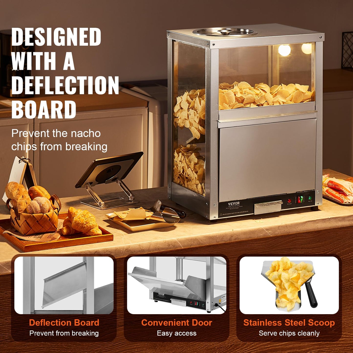 VEVOR Nacho Chip Warmer, 84.5QT Stainless Steel Machine with Warming Light, Deflection Board, for Popcorn, Potato Chips, Peanuts