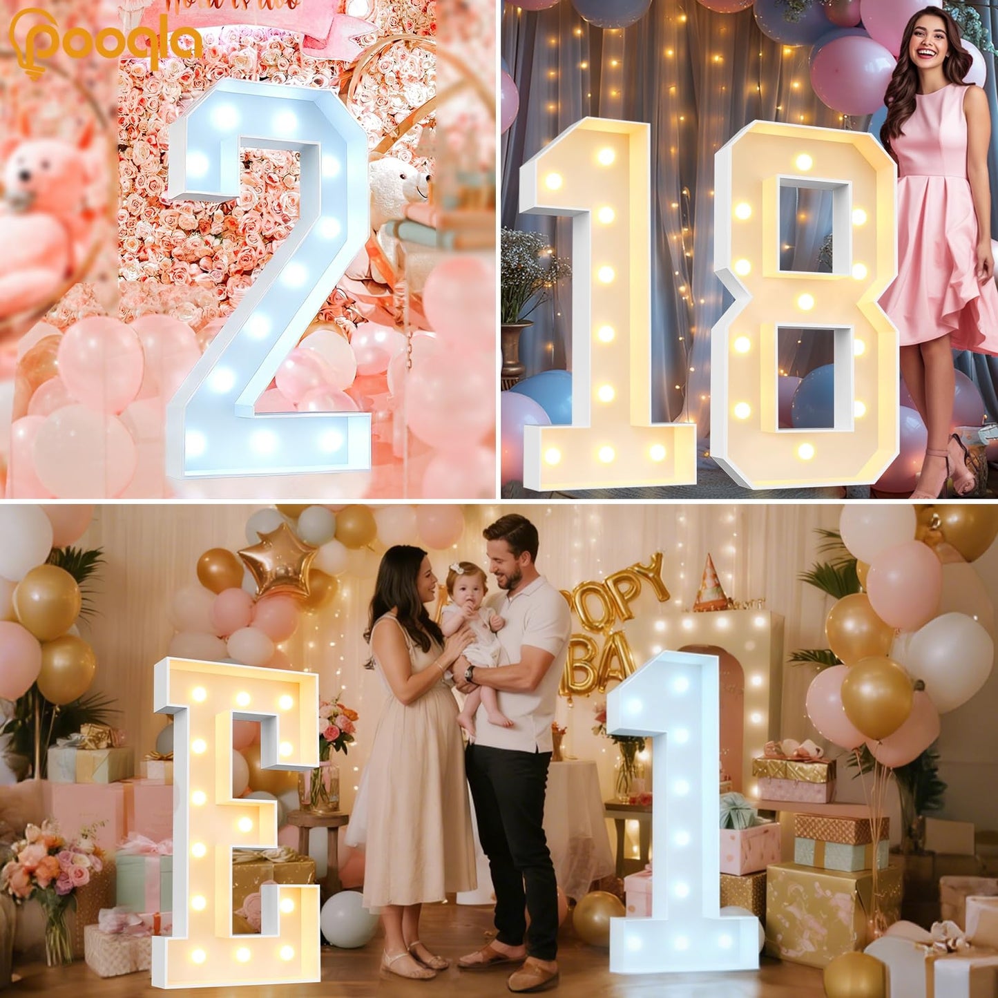 Pooqla 4 FT Light Up Marquee Numbers, Cool White and Warm White LED Large Lighted Marquee Numbers, Giant Mosaic Light Up Numbers for Balloons 9th 19th 90th Birthday Party Decoration, LED Number 9