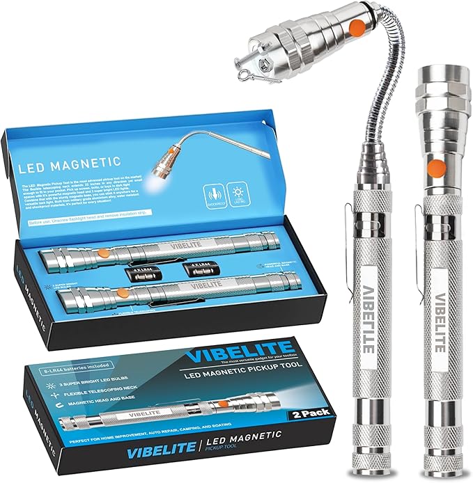 VIBELITE Extendable Magnetic Flashlight with Telescoping Magnet Pickup Tool-Cool Gadget Christmas Gifts Stocking Stuffers for Men, Teen Boys, Dad, Father, Mechanic, Boyfriend, Women, Silver, 2 Pack