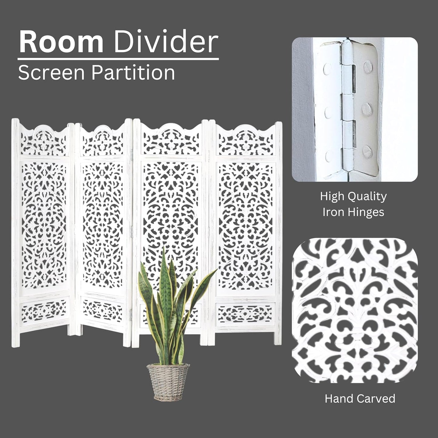 Room Divider Wood Screen Panel – Antique White, 4-Panel Folding 64"x48", Hand-Carved, Reversible Privacy Partition, Decorative & Functional Portable Room Divider for Home or Office