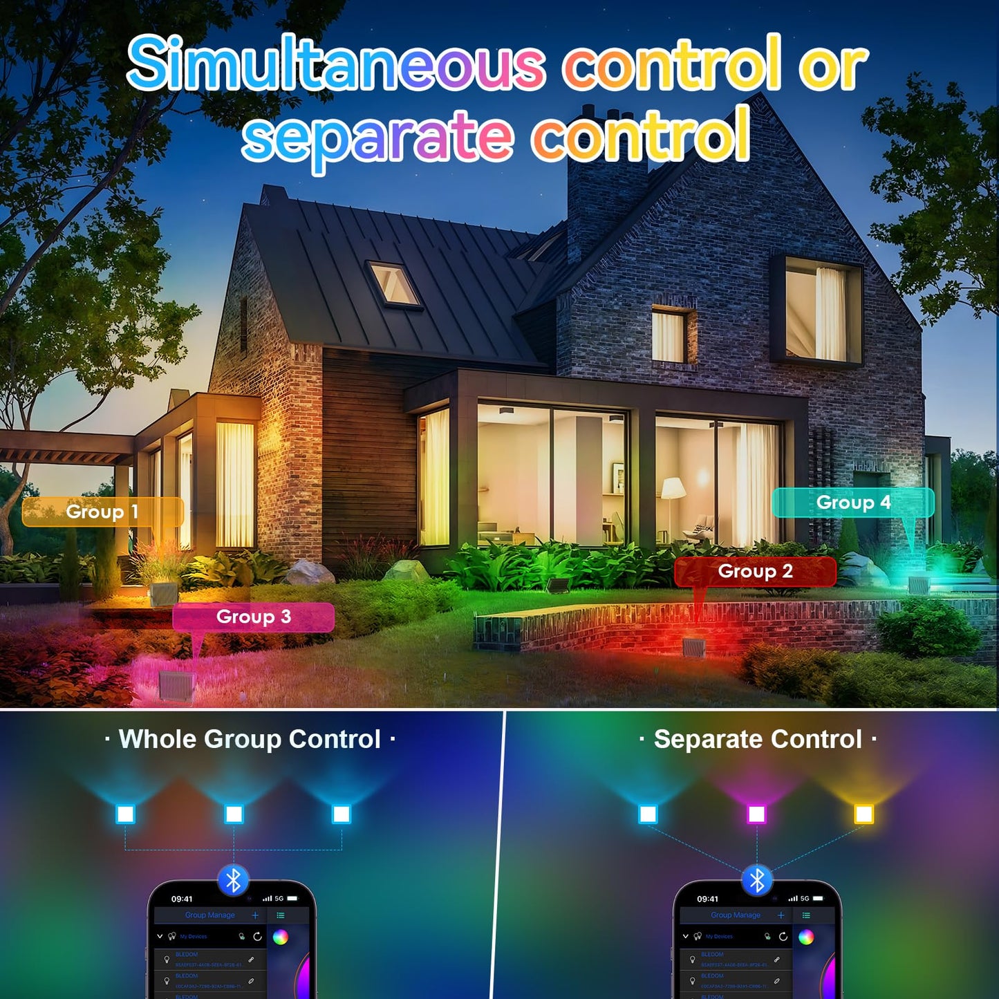 MEEKBOS RGB LED Flood Lights 30W, Bluetooth/App Control, IP66 Waterproof, 3000LM, 16 Million Colors, 2-Pack, Gray