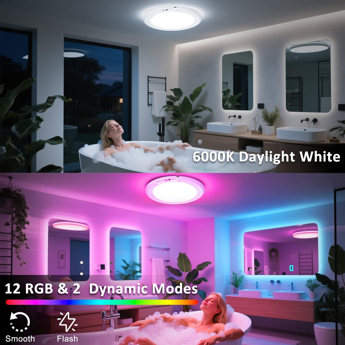 Maylit Shower Lights 2 Pack  Rgbw Rechargeable Ceiling Light  Waterproof Battery Operated Lamp  Wireless Stick On Inside Motion Sensor Mood Led Lighting For Bathroom No Wiring  Indoor