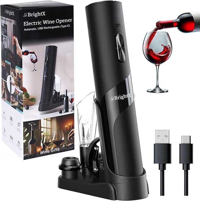 BRIGHTX Modern Rechargeable Electric Wine Bottle Opener Gift Set – Cordless Automatic Cork Remover with Foil Cutter & Charging Base – Wine Accessories Kit | Best Wine Gifts for Women & Wine Lovers