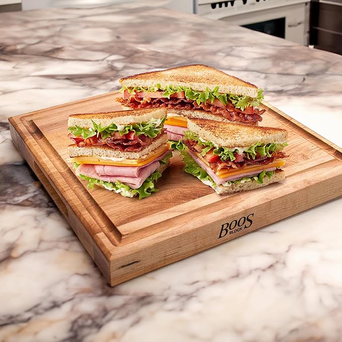 John Boos CB Series Square Wooden Maple Cutting Board 15”x15” – 1.75” Thick, 12-lb Reversible Butcher Block with Juice Groove, Edge-Grain & Finger Grips – Made in the USA