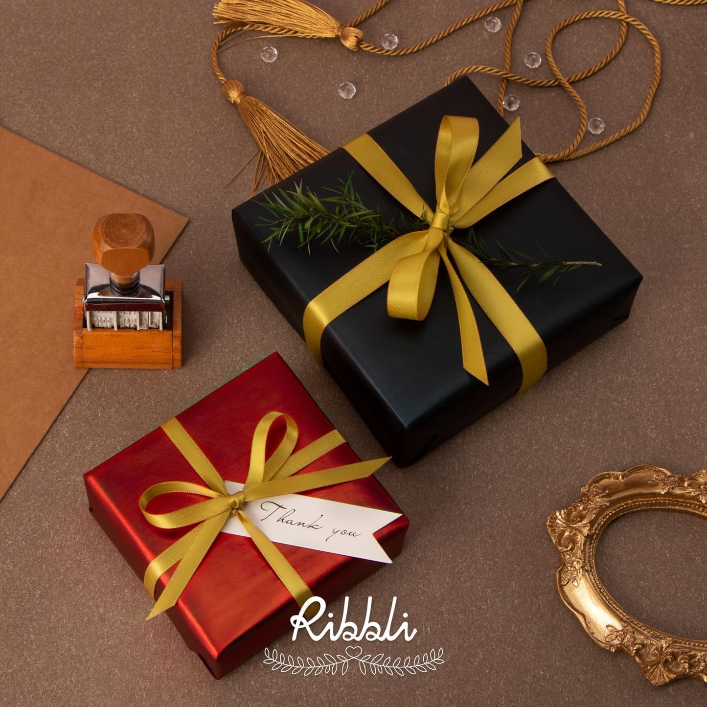 Ribbli Gold Satin Ribbon Double Faced Satin 1/2 Inch x Continuous 100 Yards-Gold Ribbon for Gift Wrapping Crafts Wedding Decoration Bows Bouquet Floral Arrangement