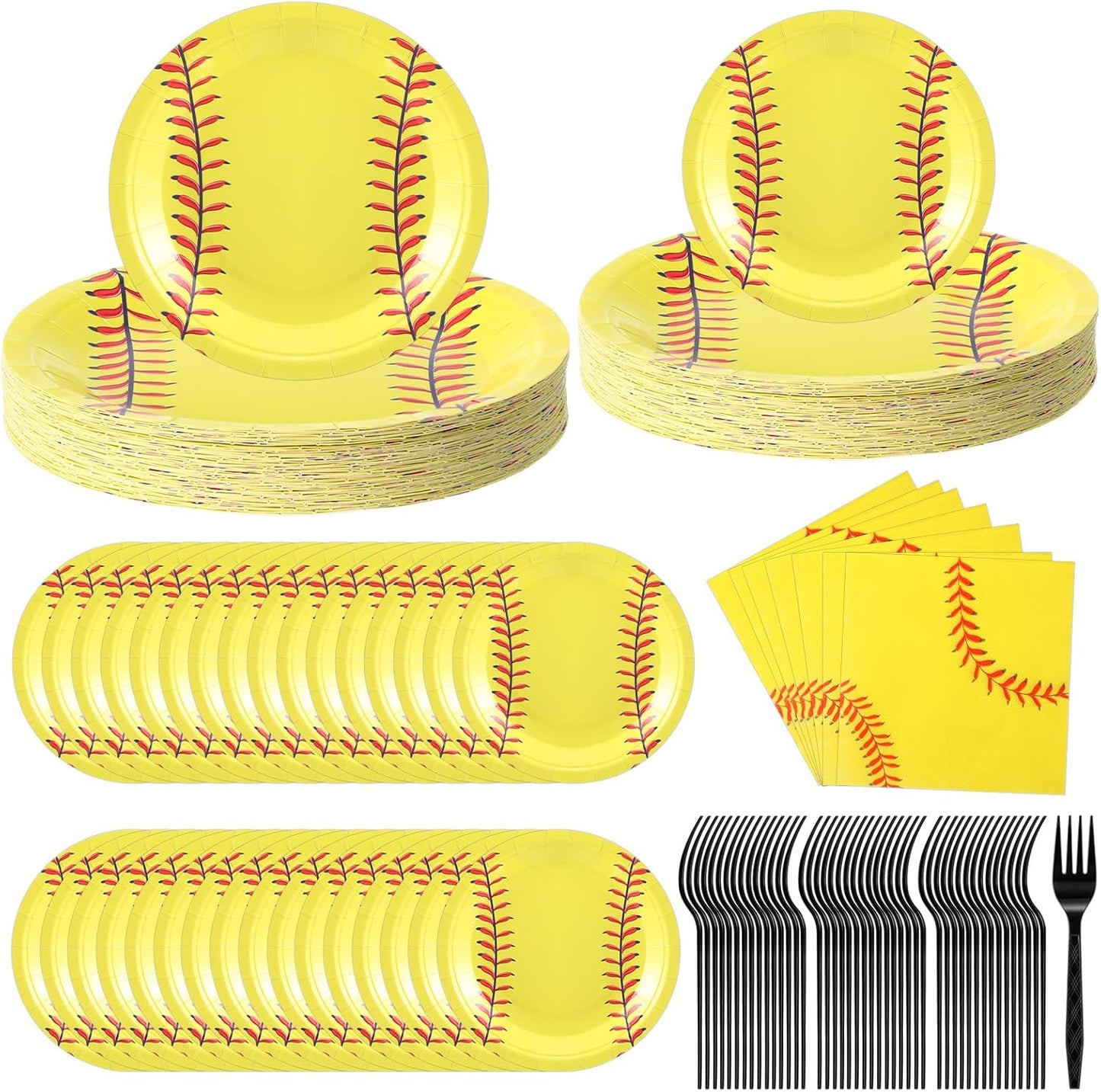 Zhehao 192 Pcs Softball Paper Plates and Napkins Set Softball Party Supplies Decorations 7 Inch 9 Inch Disposable Paper Plates Napkins and Forks for Sport Themed Birthday Party Favors Serves 48