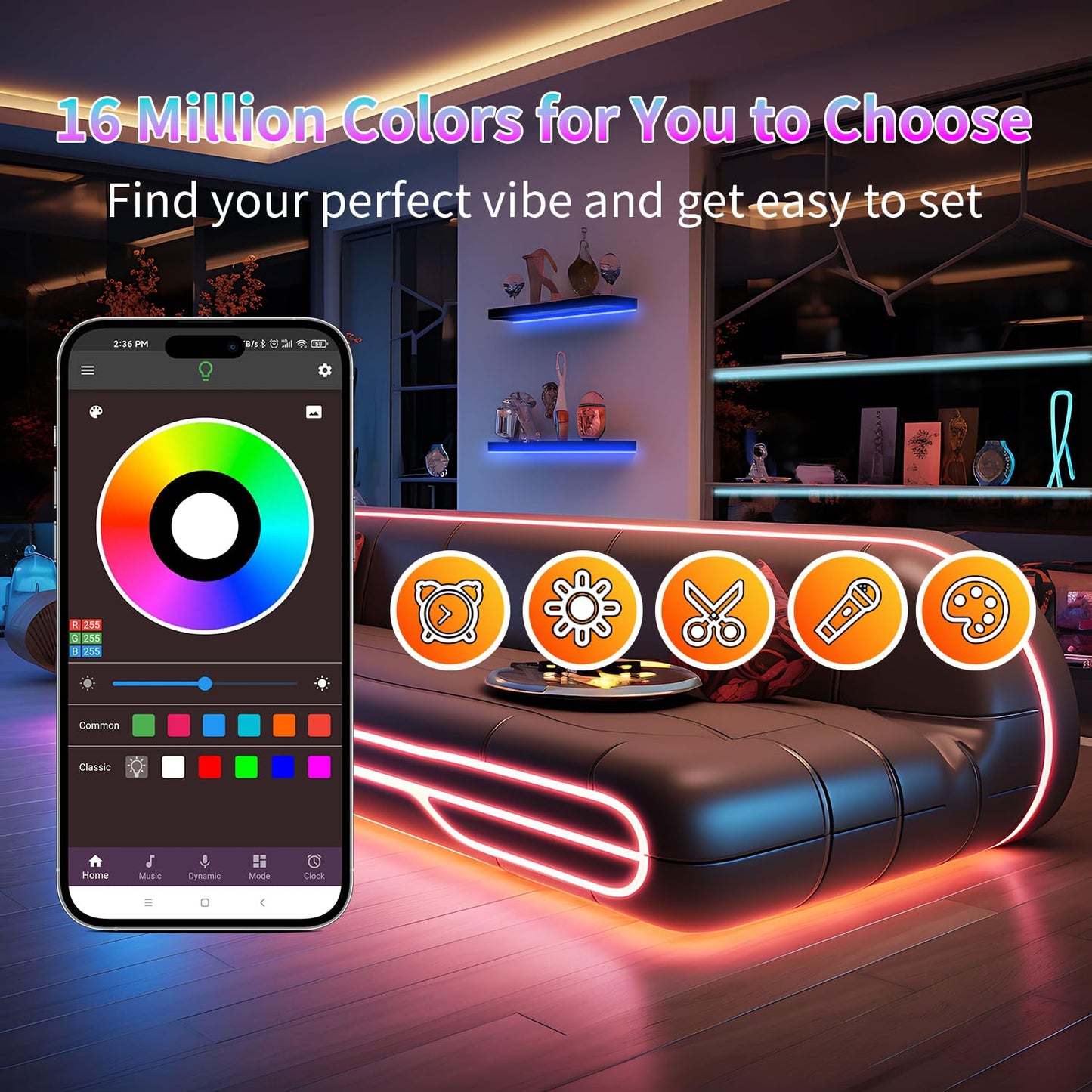 NBBUFF RGB LED Strip Lights 150FT Music Sync, Remote & App Control, Plastic, White, Model NB-rgb00-3