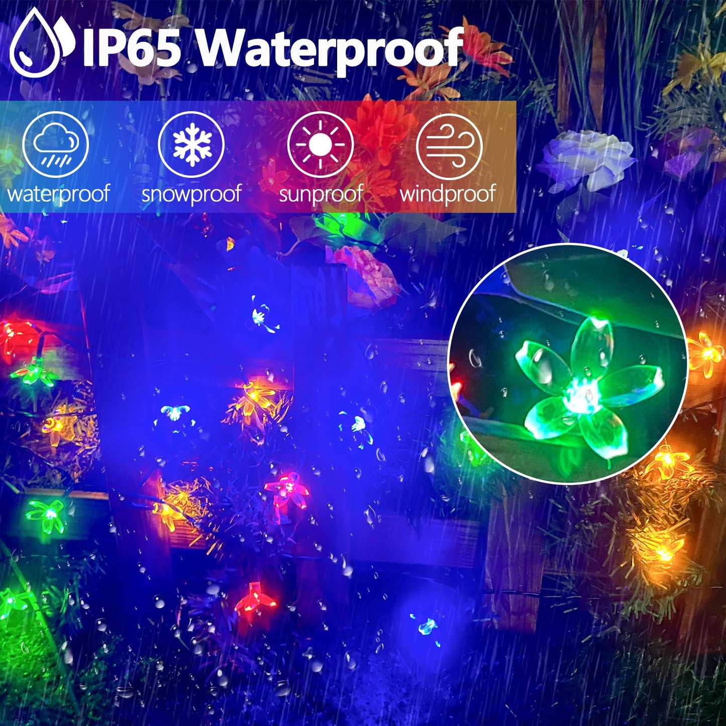 OZS 2PK Solar String Lights, 80 LED, 50FT, Cherry-Multicolor, Waterproof, 8 Lighting Modes, Garden Decor