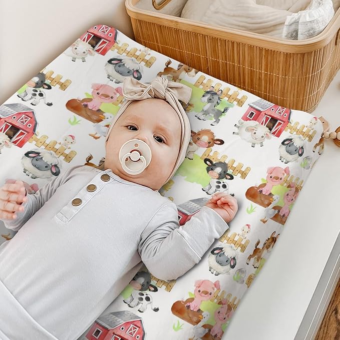 HawSkgFub Farm Animals Life Barn Changing Pad Cover for Baby Girls Boys, Natural Cow Chicken Pig Horse Diaper Change Table Covers, Soft Stretchy Safe Snug Fitted Changing Mat Sheets Fit 32"/34" x 16"