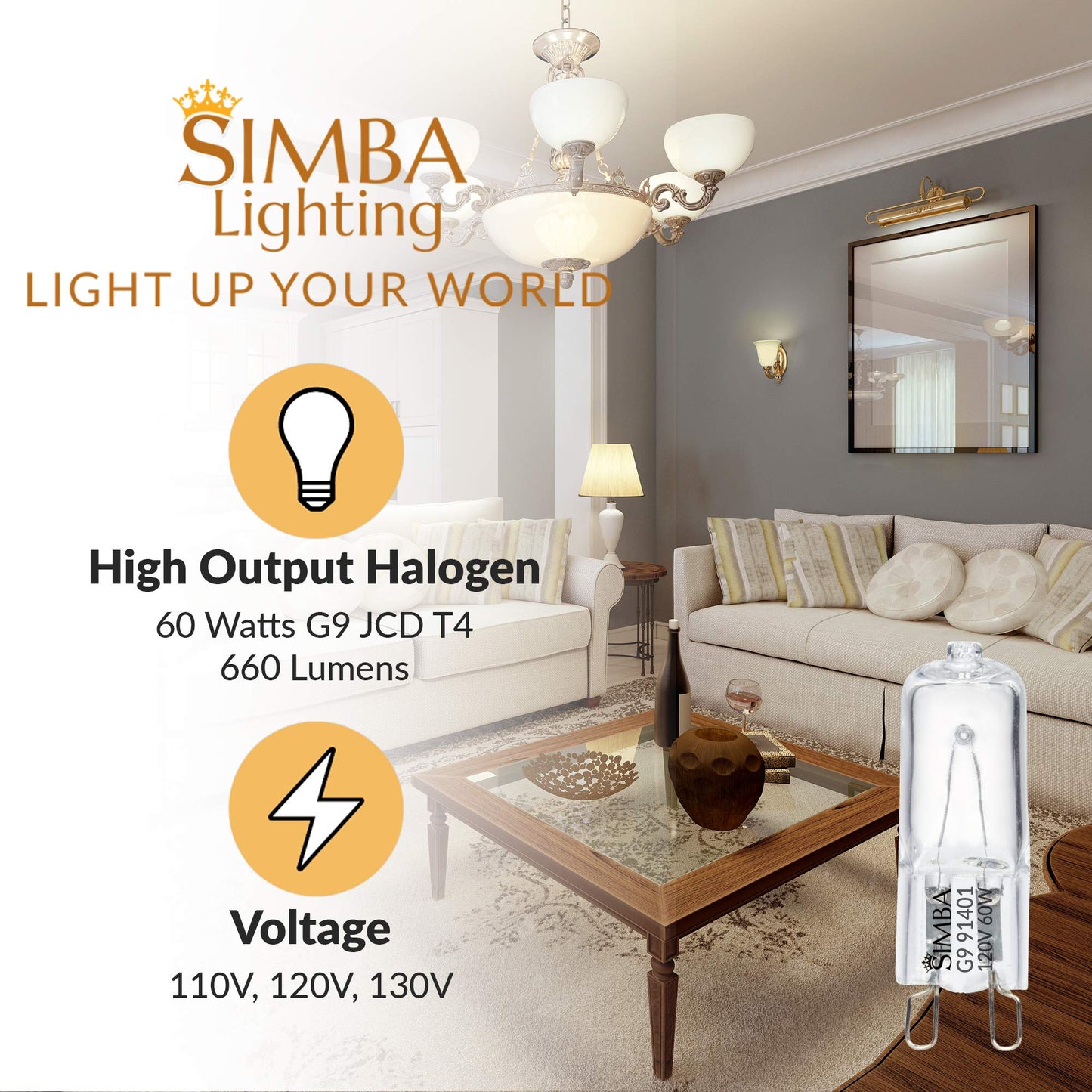 Simba Lighting Halogen Light Bulb G9 T4 60W Jcd Bi-Pin (10 Pack) For Chandeliers  Pendants  Cabinet Lights  Landscape Lights  Desk And Floor Lamps  Wall Sconces  120V Dimmable  2700K Warm White