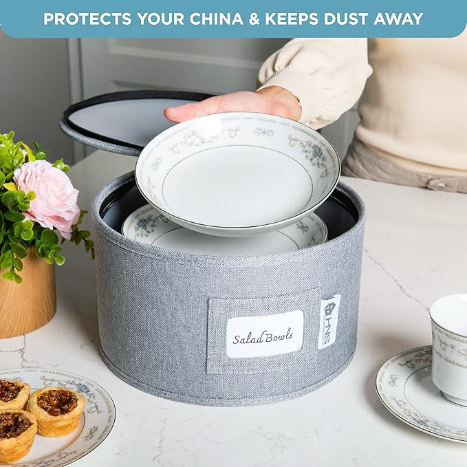 Hard Shell China Storage Containers 8-Piece Set Moving Boxes for Dinnerware, Glasses, Plates, Mugs and Saucers Sturdy Dish Organizer with Dividers for Seasonal Storage - Service for 12 - Grey