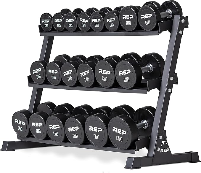 REP Fitness Urethane Coated Round Dumbbells, 5 to 100 lbs, Singles or Pairs, With or Without Rack, Steel Core, Rubber Enca...