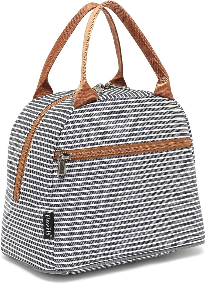 FlowFly Insulated Lunch Cooler Bag - Tote Bag Organizer for Women/Men, White & Black Stripe