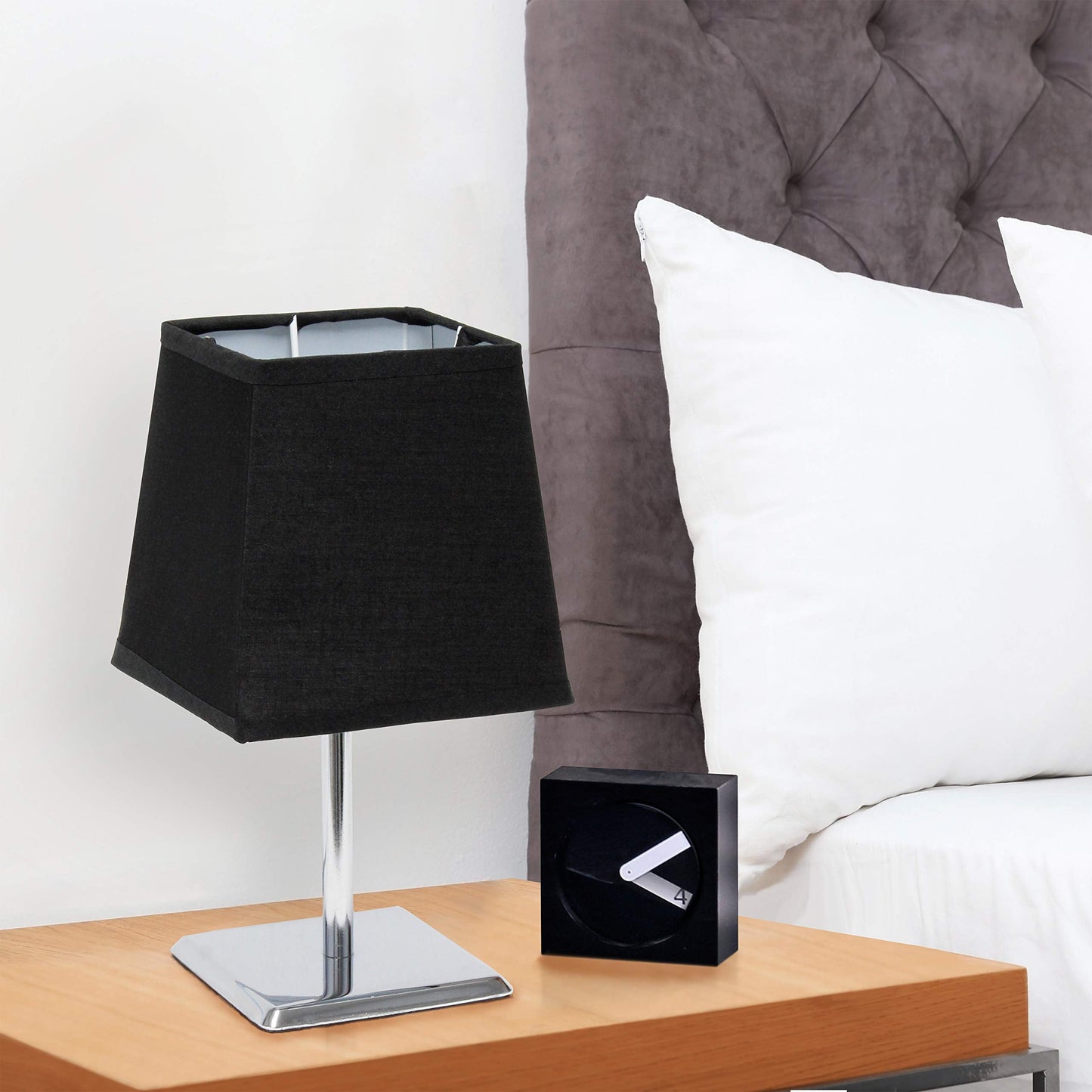Simple Designs Lt2062-Blk Mini Chrome Table Lamp, Black Fabric Shade, Metal, Pack Of 1
